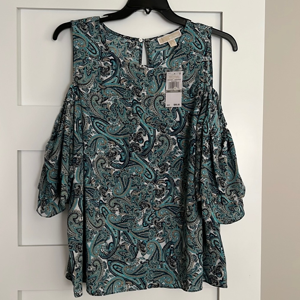 Michael Kors Paisley Crew Neck Short Double Flounce Sleeve Cold Shoulder Top